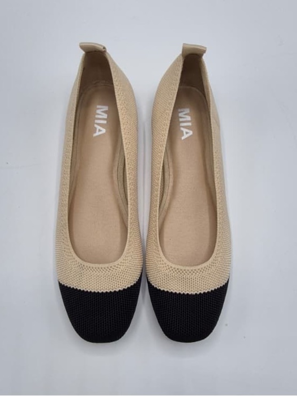 MIA Beige Knit Flats with Black Cap Toe